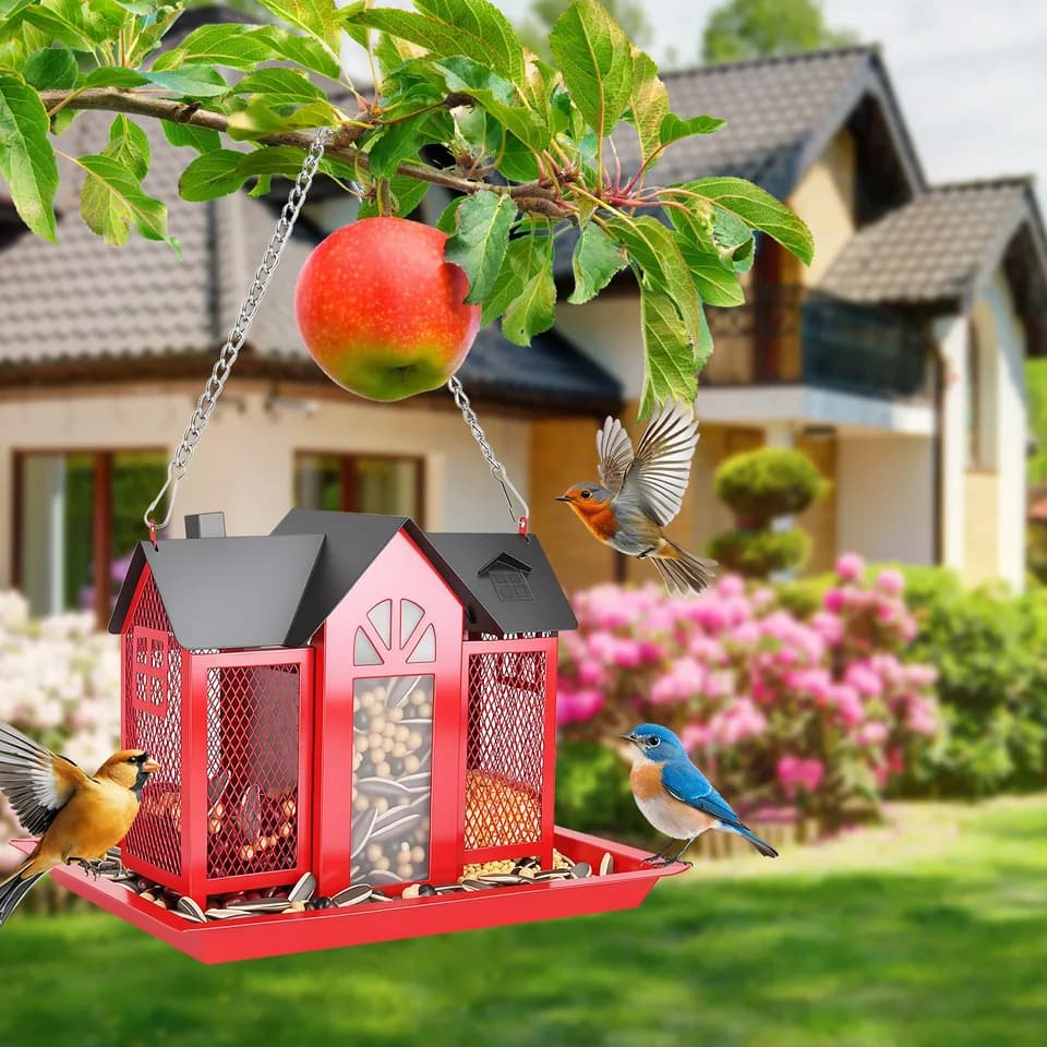 1Pc Metal Hanging Bird Feeder House Classic Barn Bird Feeder House Iron Hanging Outdoor Feeder With Visible Window And Lift Top Lid 15.75in Hanging Length Wild Birds Garden Yard