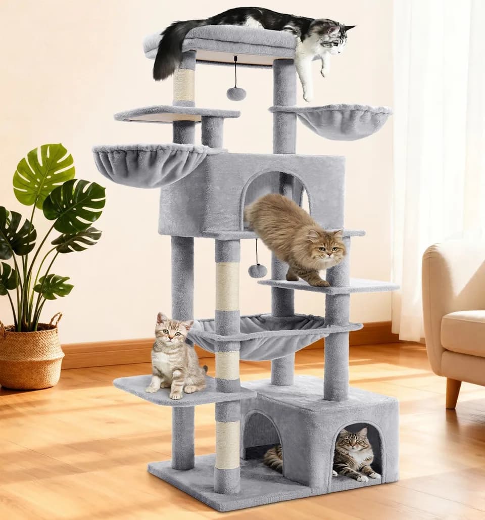 ABCPET Large Cat Tree, Cat Tower, Multi-Tier, Indoor Cat, Sisal Scratching Post, Widened Cat Perching Post, Square Hammock, Widened Cat House, Light Gray,Self-pickup Only