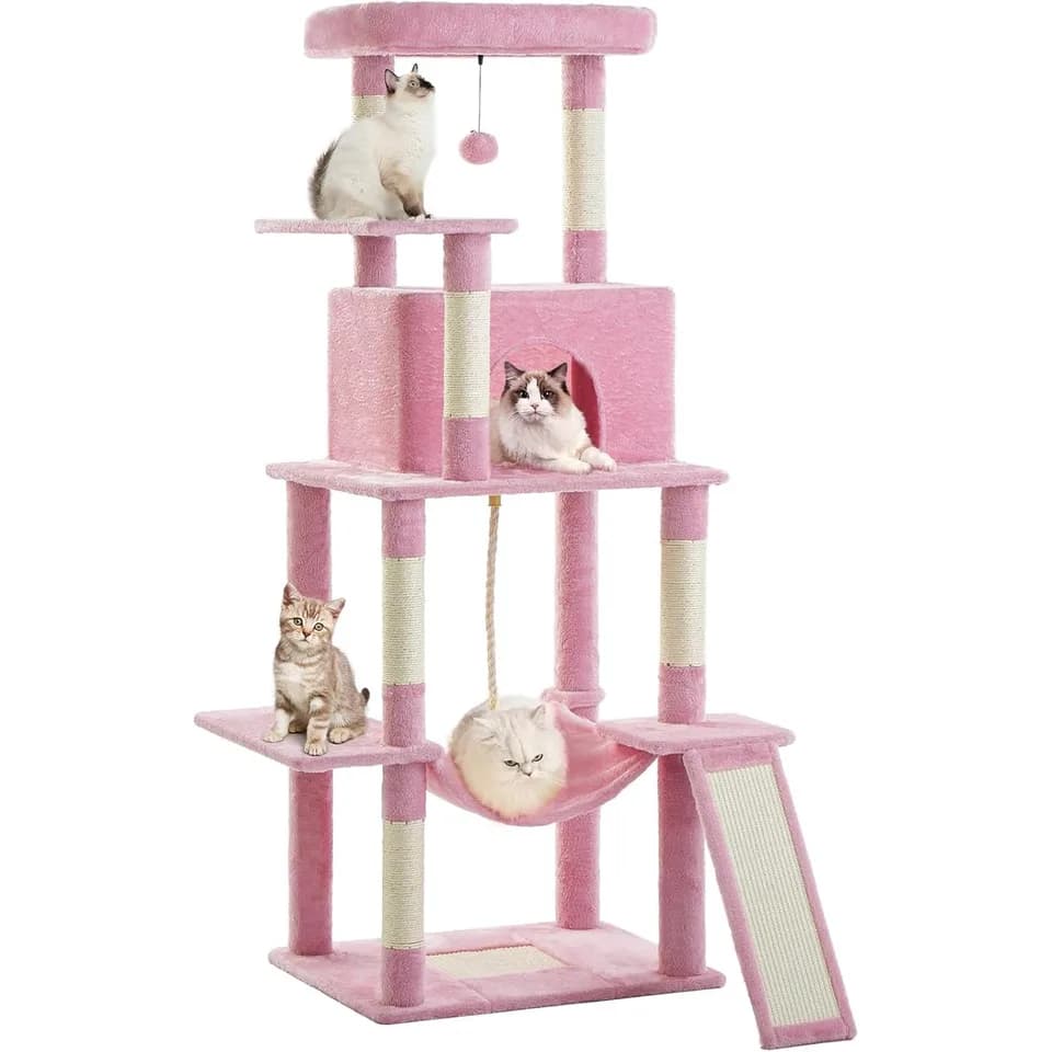 ABCPET 63-inch Multi-level Cat Climbing Frame, Indoor Cat Sisal Scratch Post, Cat Bed, Hammock, Hanging Ball, Extension Platform,Self-pickup Only