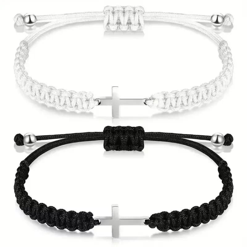Black And White Woven Cross Couple Bracelets, Adjustable Cross Wristbands