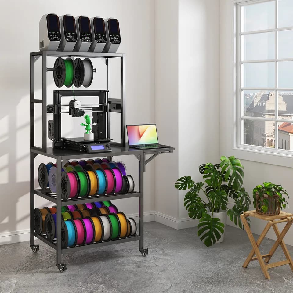 3D Printer Stand, Heavy Duty 3D Printer Table Stand With Filament Storage Rack, T-Shaped Spools Holder Rack With Wheels,3D Printer Workbench For 3D Printing Studio, Home Office Workshop