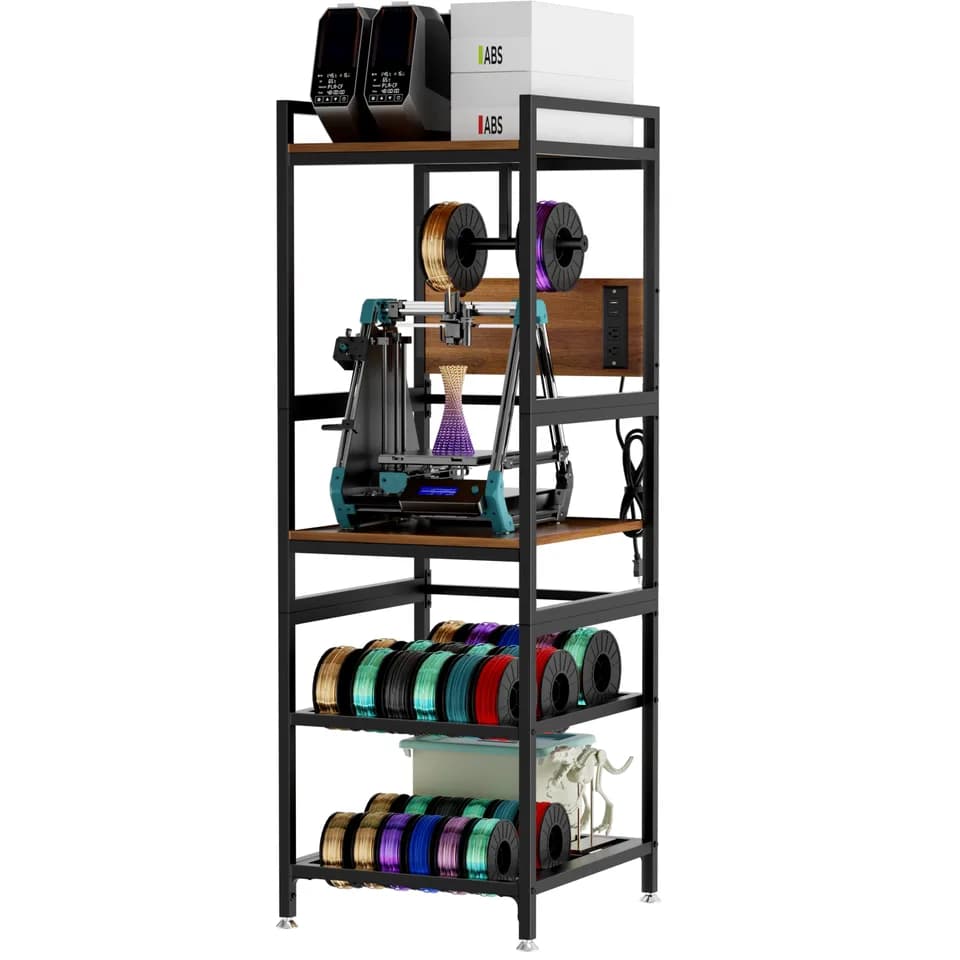 3D Printer Stand With Filament Storage, Heavy-Duty Metal Frame, T-Type Filament Holder, Built-in Power Panel, Open Frame Printer Workstation For Home & Workshop