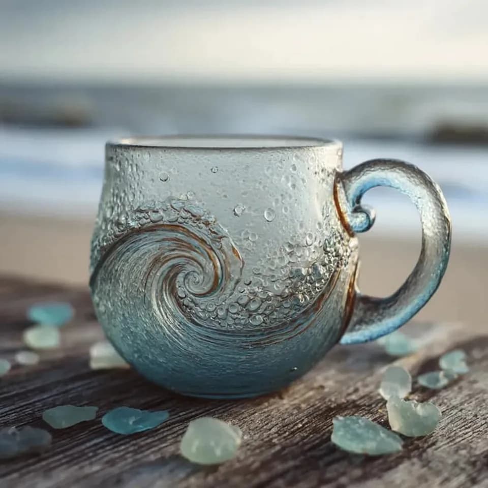 Handmade Sea Glass Wave Cup ,a Unique Wave Designed Wave Coffee Cup, Suitable For Beach Themed Drinks For Families And Gifts
