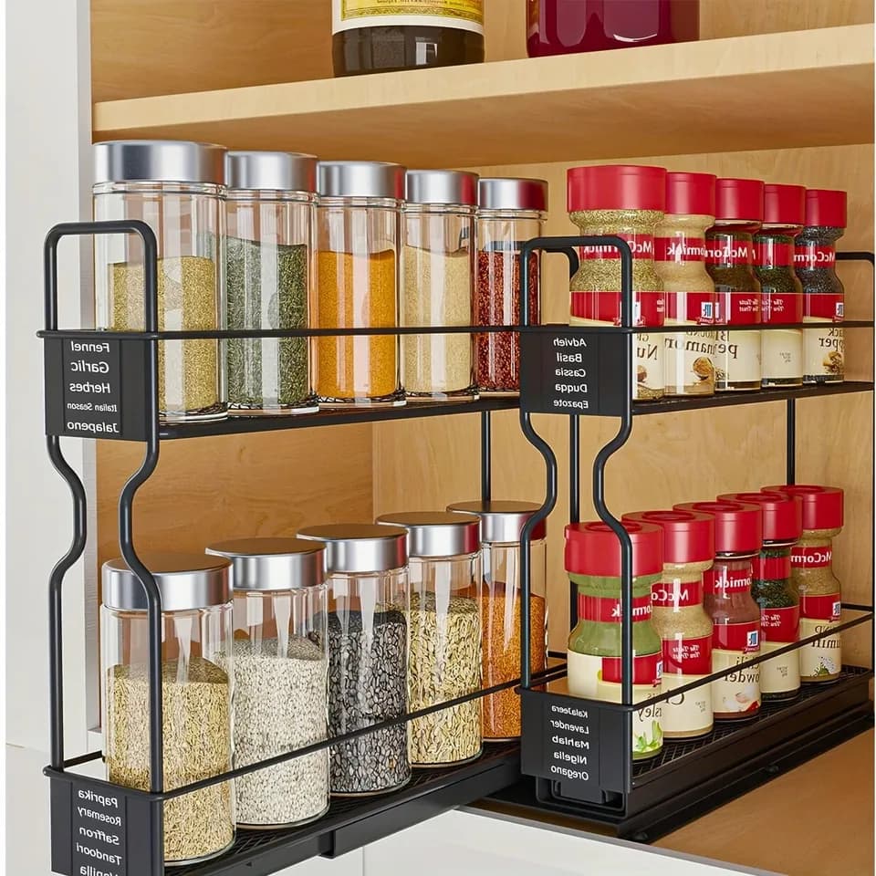 Spice Rack For Two-tier Heavy-duty Cabinets Pull-out Design With Labels