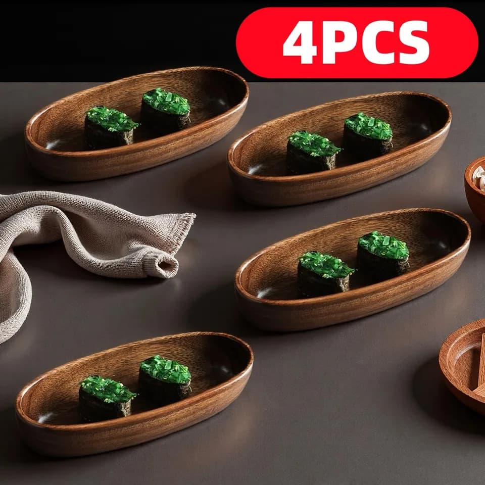 Four-piece Japanese Boat-shaped Sushi Platter, Stylish Handmade From Wood, Durable, Easy To Clean, And Non-contact Kitchenware, Suitable For Serving Fruits, Nuts, And Desserts.
