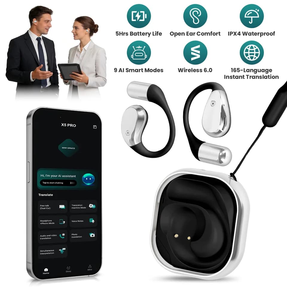Open-Ear AI Translation Earbuds 165 Language Real Time AI Headphone Wireless 6.0 Translating Earbuds With 360 Degree Rotating Charging Case Lanyard For Travel Meetings Language Learning