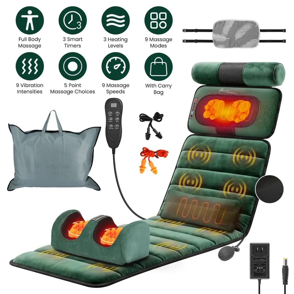Full Body Electric Massage Mat Heating Vibration Massage Pad Cushion Back Massage Mattress Chair Pad With Neck Foot Massage Head Pillow And Cloth Lumbar Pillow Timer Anti-Slip Bottom Earplugs