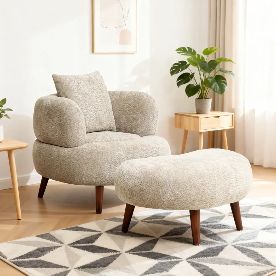 Nordic Style Lazy-Style Clubchair 36 Inches Chenille Fabric Bucket Chair Decorative Chair Soft Cushion With Pillow With Ottoman For Living Room Study And Relaxation Room Camel