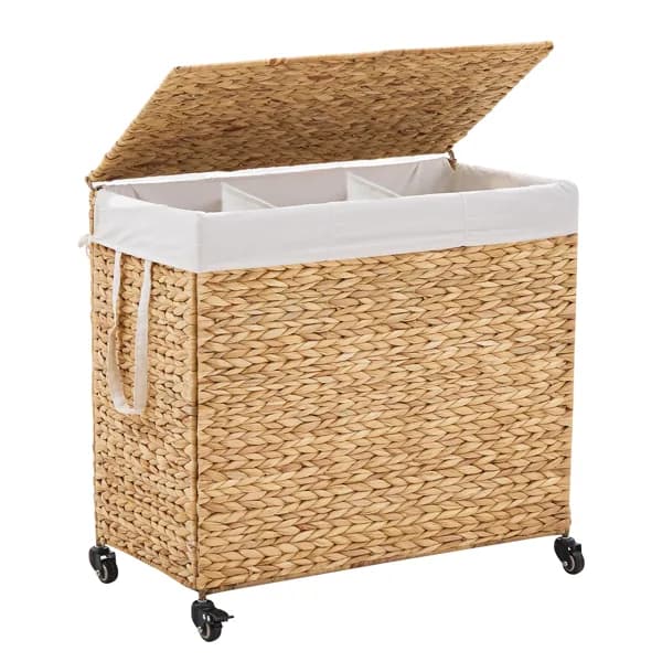 160L 3-Section Laundry Hamper With Lid And Wheels, Woven Natural Water Hyacinth Rolling Laundry Hamper