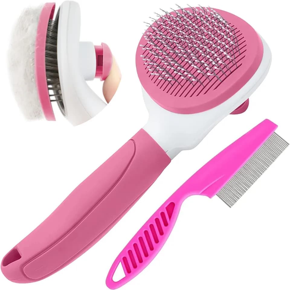 Cat Brushes For Indoor Cats, Dog Brush For Shedding With Metal Cat Comb, Self Cleaning Pet Hair Brush With Release Button For Grooming Kitten