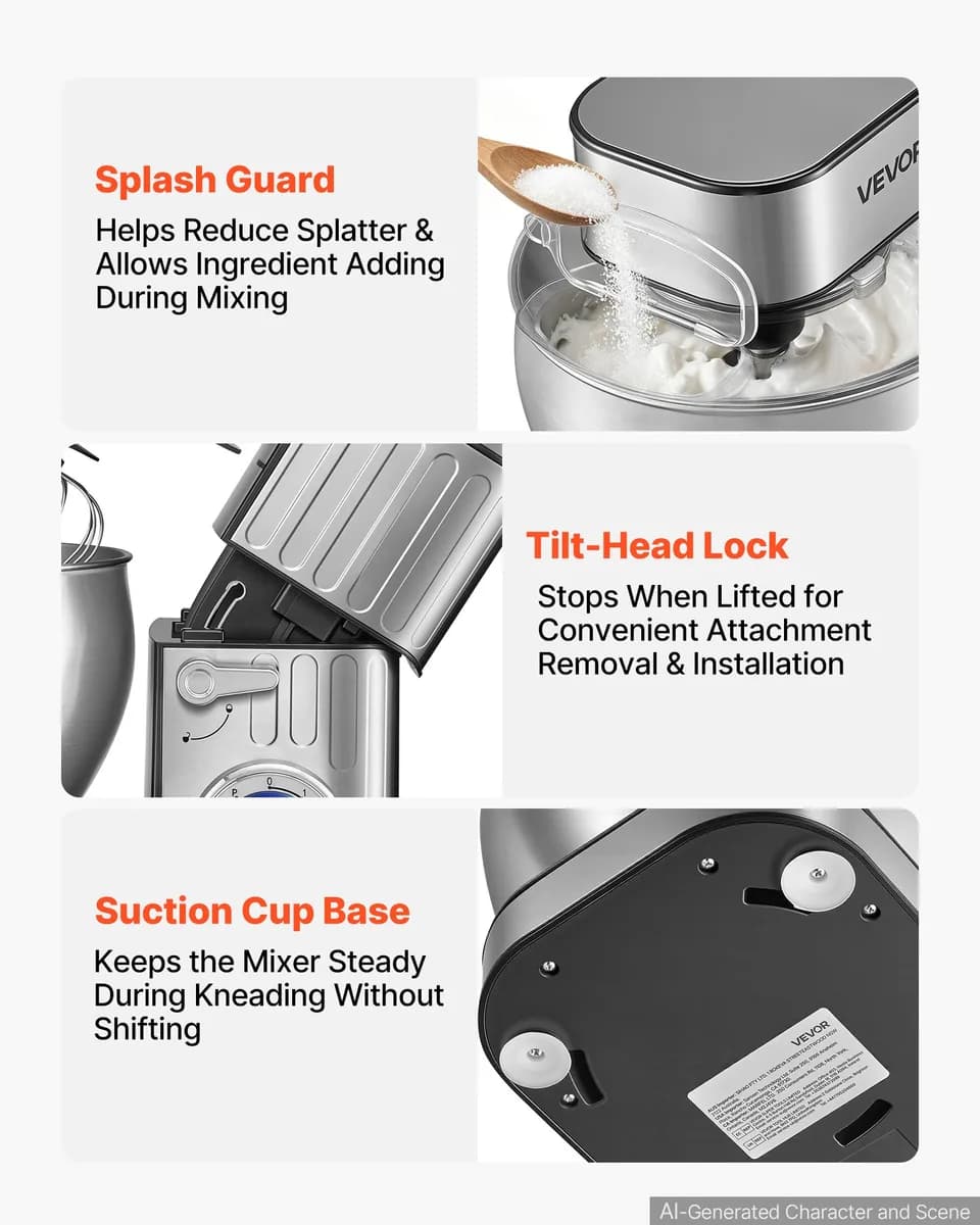 7.4 Qt Tilt Head Stand Mixer 500W Electric Dough Mixer, 6 Speeds With Pulse Food Kitchen Mixer With Stainless Steel Bowl, Splash Guard, Dough Hook, Whisk, Beater, For Baking Mixing