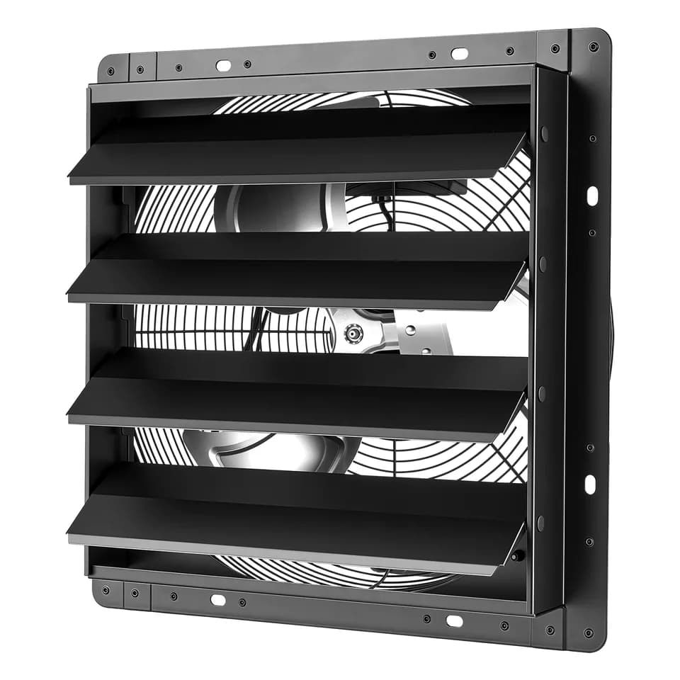 16 Inch Shutter Exhaust Fan Wall Mounted Automatic Louvers EC Motor, Steel Housing, Temperature & Humidity Controller, Ventilation & Cooling For Attic, Garage, Barn, Greenhouse, Workshop, Black