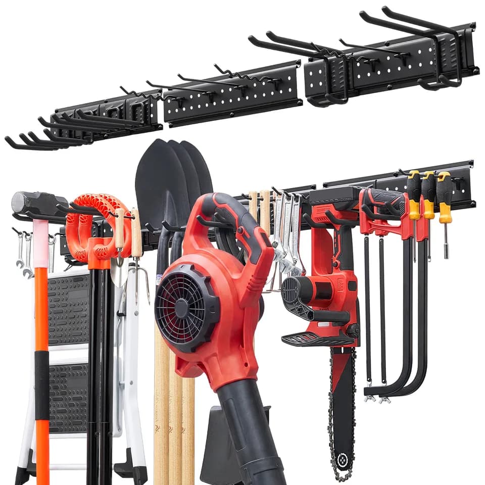 Garage Tool Organizer 49.5 Inch 600 Lbs Wall Mount Garden Tool Rack, Heavy Duty Garage Hanging Storage Rack Organization With 3 Rails And 12 Adjustable Hooks, For Yard Tools, Shovel, Rake, Shed