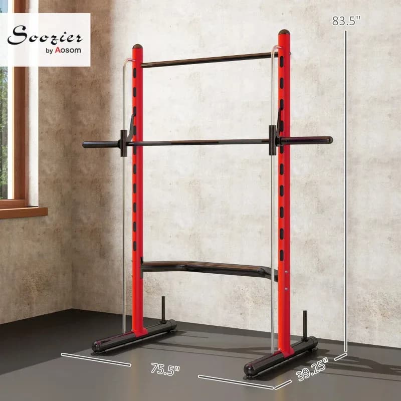 Soozier Squat Rack With Pull Up Bar And Barbell Bar Adjustable Bench Press Multi-Function Weight Lifting Half Rack Red