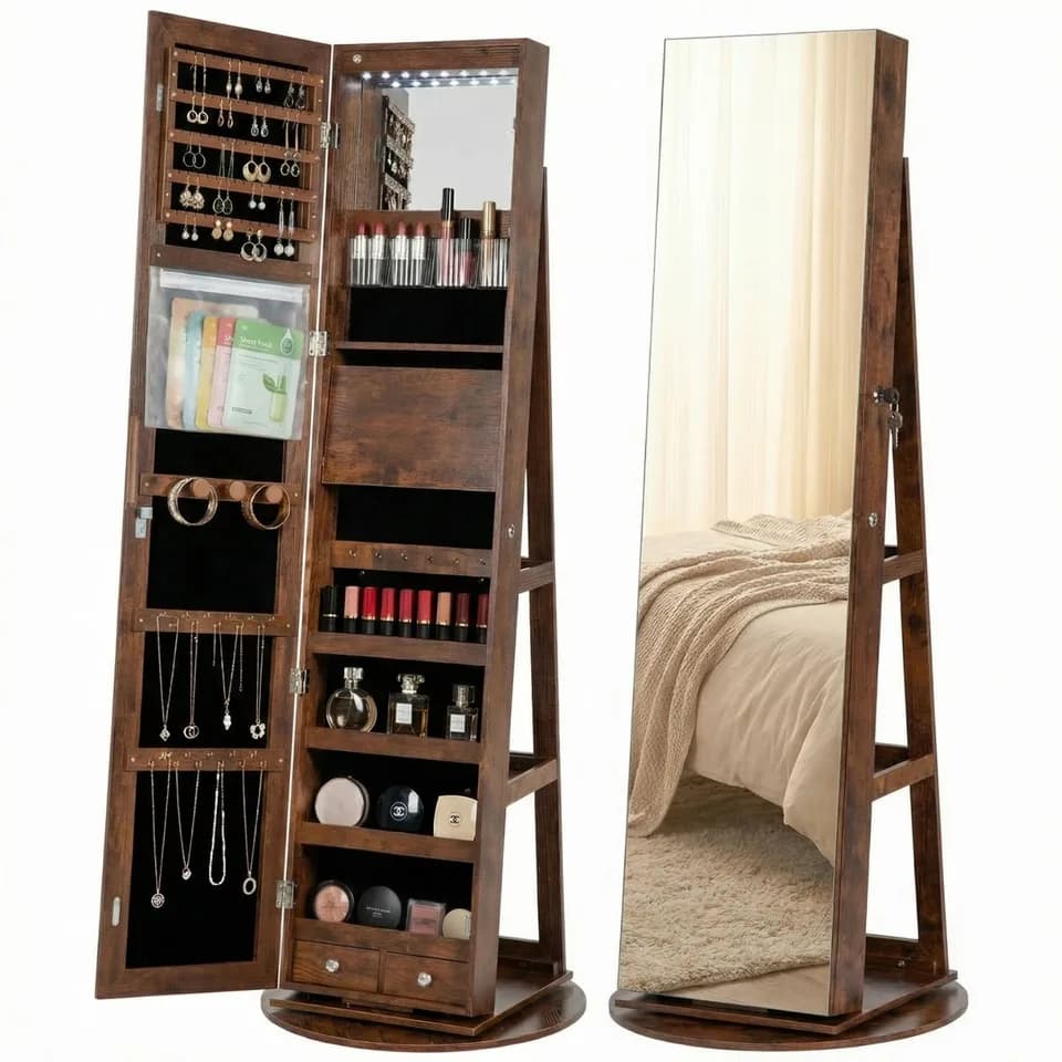 Freestanding Rotating Jewelry Armoire, Full Length Mirror Cabinet, Rustic Brown