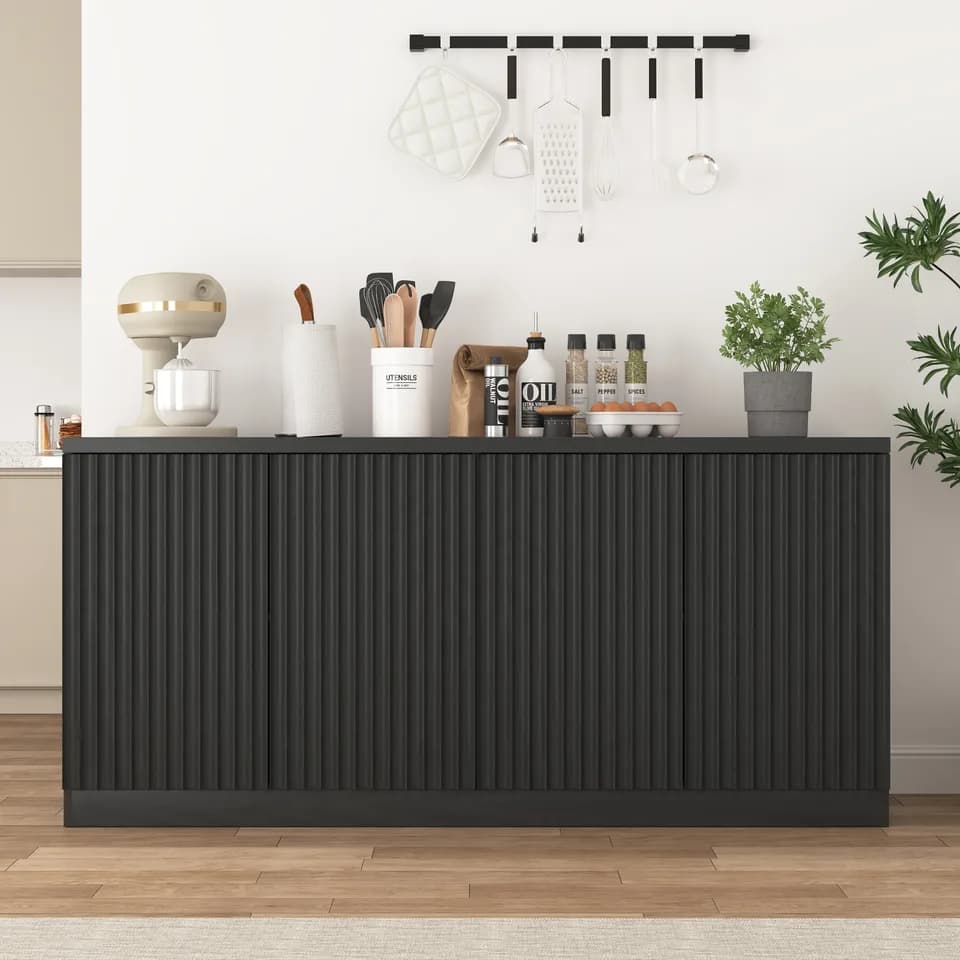 Black Buffet Cabinet with Storage, 62.60" Sideboard Cabinet with 4 Doors & Shelves, Wooden Kitchen Coffee Bar Credenza Storage for Living Room, Hallway