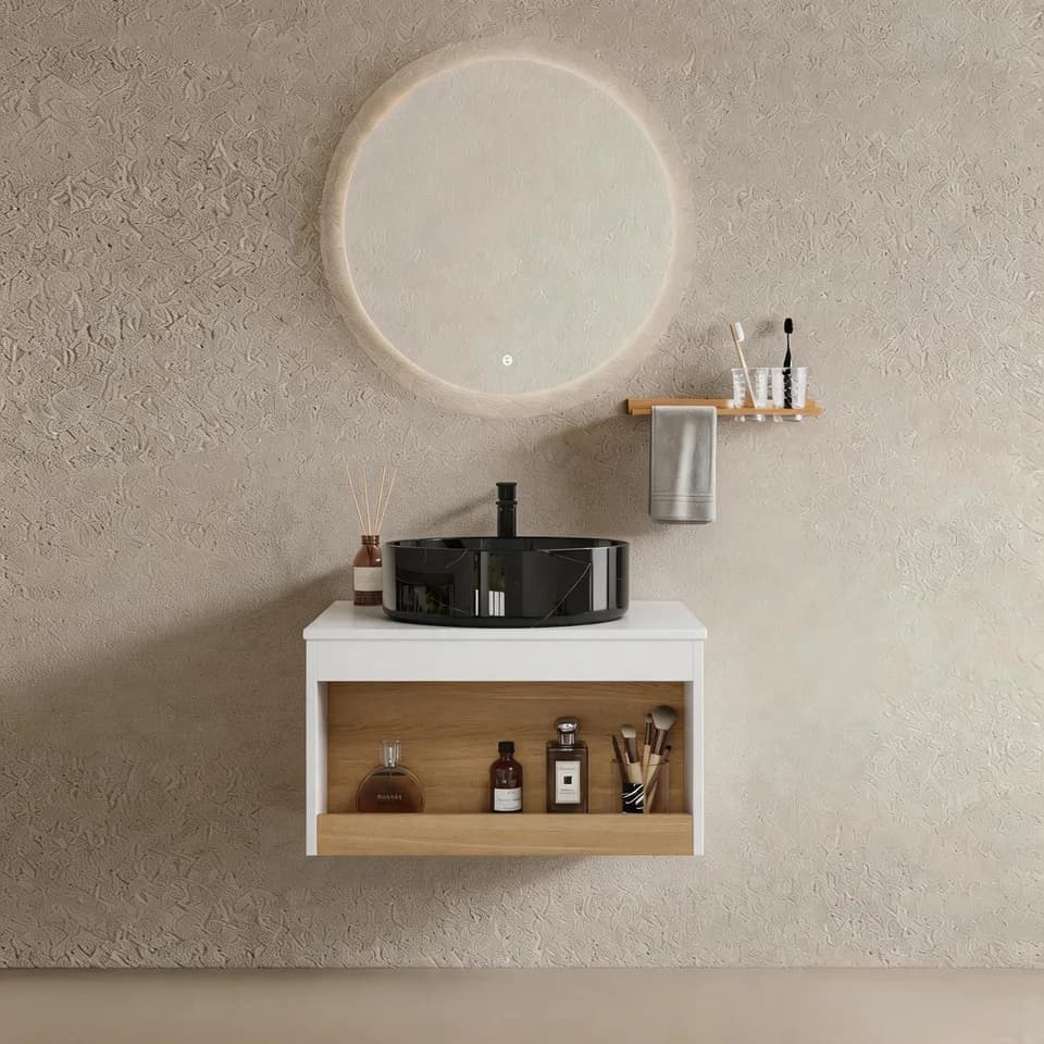 24" Floating Bathroom Vanity with Black Marble Vein Vessel Sink, Wall-Mounted Vanity with Open Shelf Storage, White Finish with Wood Accent, Space-Saving Modern Design (Ships in 2 Boxes)