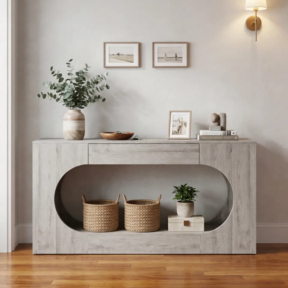 Modern Grey Wood Grain Console Table, Particle Board Entryway Table with Storage Drawer, Hollow Oval Cutout Narrow Sofa Accent Table for Hall Foyer Living Room Decor, 11.8D×63W×31.5H Inch