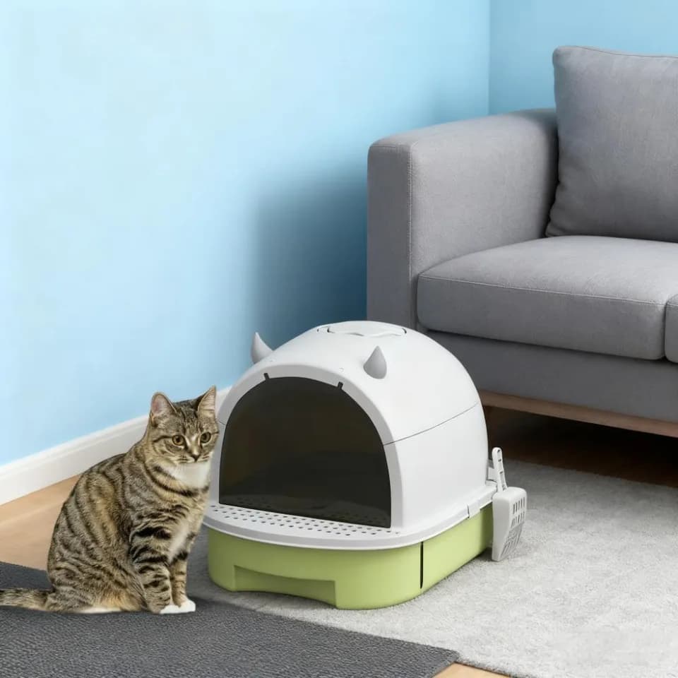 Green Cat Litter Box with Lid, Scoop, Deodorizing Bags