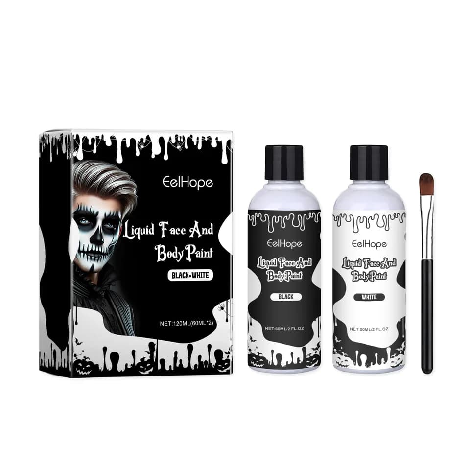 Halloween Black White Liquid Face Body Paint, Quick Dry Face Painting Kit With Brush, Long Lasting Face Paint For Halloween Skeleton Cosplay Party