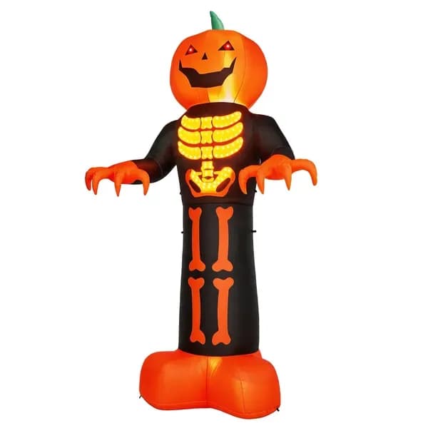 12ft Inflatable Halloween Decor With Skeleton Ribs, Pumpkin & Grim Reaper, 3 LED Lights + 115 Count String Lights, Black & Orange, 12V 2000mA US Power Adapter