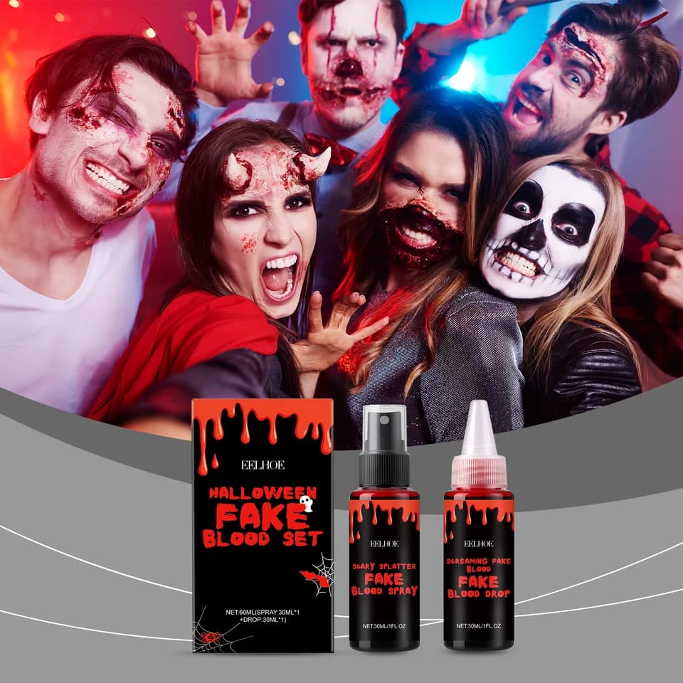 Halloween Fake Blood Makeup Set, Realistic Artificial Blood Spray & Drop For Wound Scary Cosplay SFX Makeup