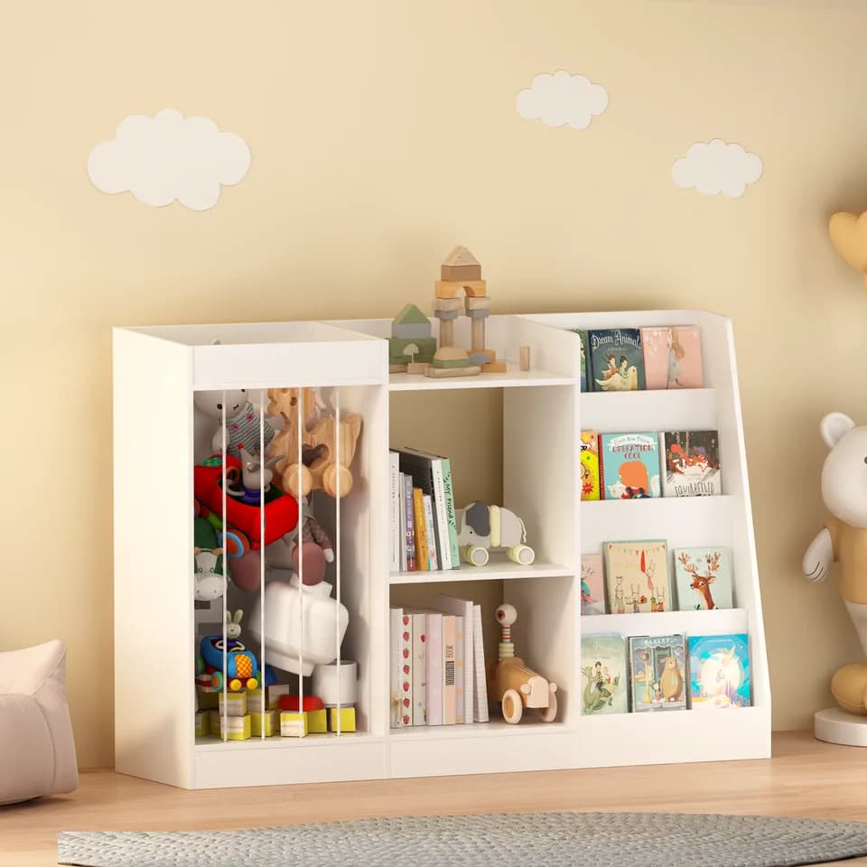3-in-1 Kids Bookshelf and Toy Storage, 4-Tier Book Shelf for Kids Rooms, Sling Baby Bookcase with Stuffed Animal Storage, Toddler Montessori Bookshelf for Nursery, Playroom, Kindergarten, White