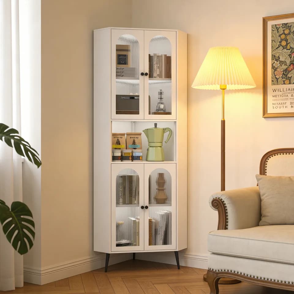 73'' Corner Cabinet, Metal Storage Cabinet with Doors and Adjustable Shelves, Corner Organizer Stylish Space-Saving Storage for Entryway, Bathroom,Bedroom,Dining Room, Living Room, Office(White)