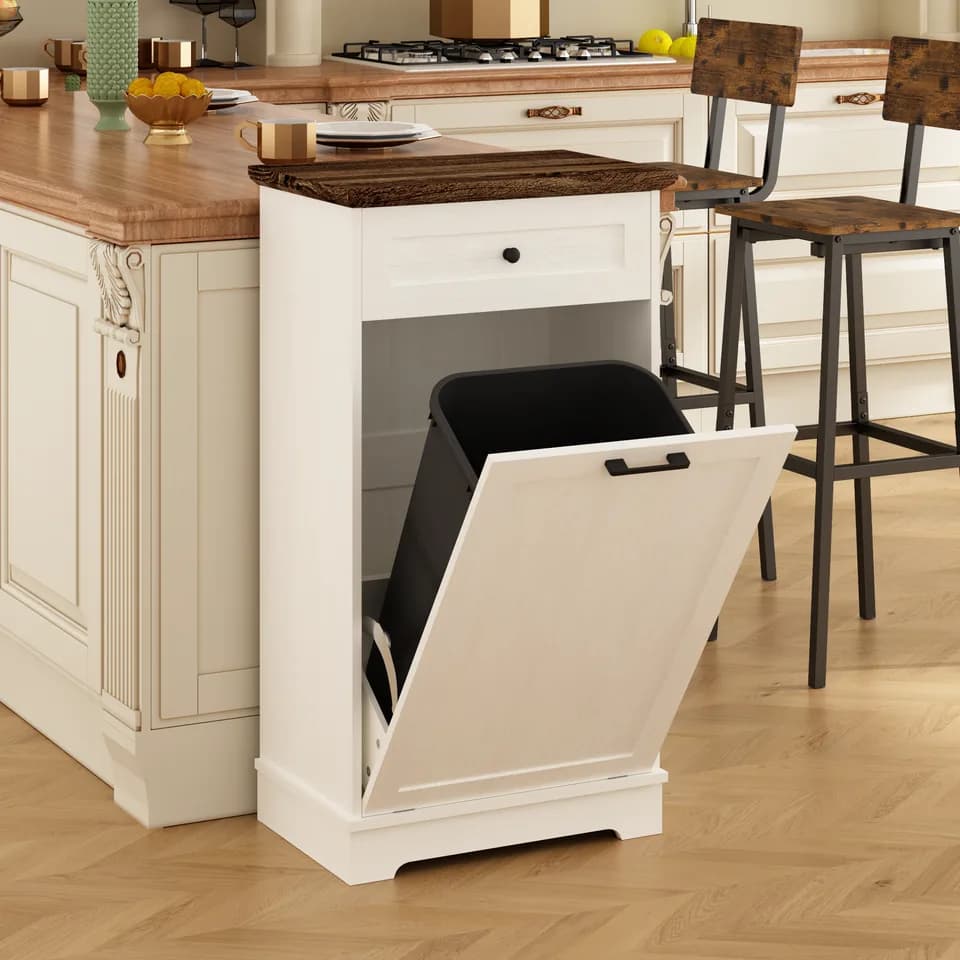 13 Gallon Tilt Out Trash Cabinet Freestanding Trash Bin Cabinet Wood Garbage Recycling Cabinet with Drawer Pet Proof Trash Can Holder for Kitchen Living Room, Antique White (Not include trash can)