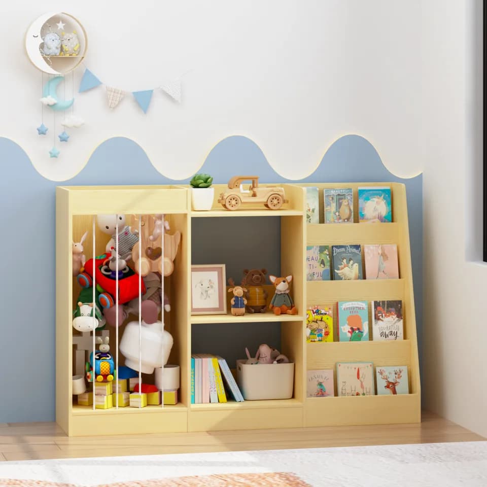 3-in-1 Kids Bookshelf and Toy Storage, 4-Tier Book Shelf for Kids Rooms, Sling Baby Bookcase with Stuffed Animal Storage, Toddler Montessori Bookshelf for Nursery, Playroom, Kindergarten, Natural