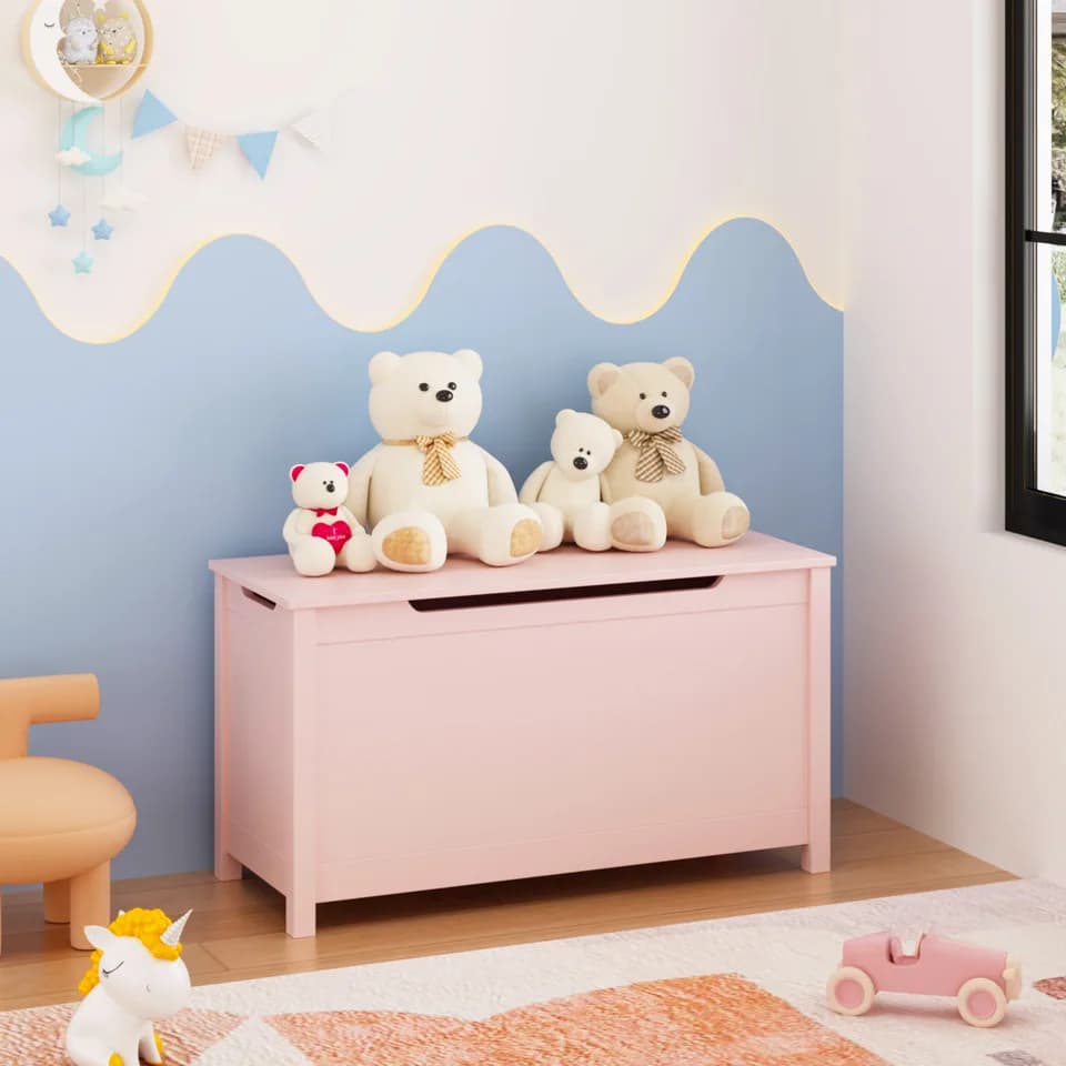 Kids Wooden Toy Box Storage with Safety Hinged Lid for Ages 2+ (Pink)
