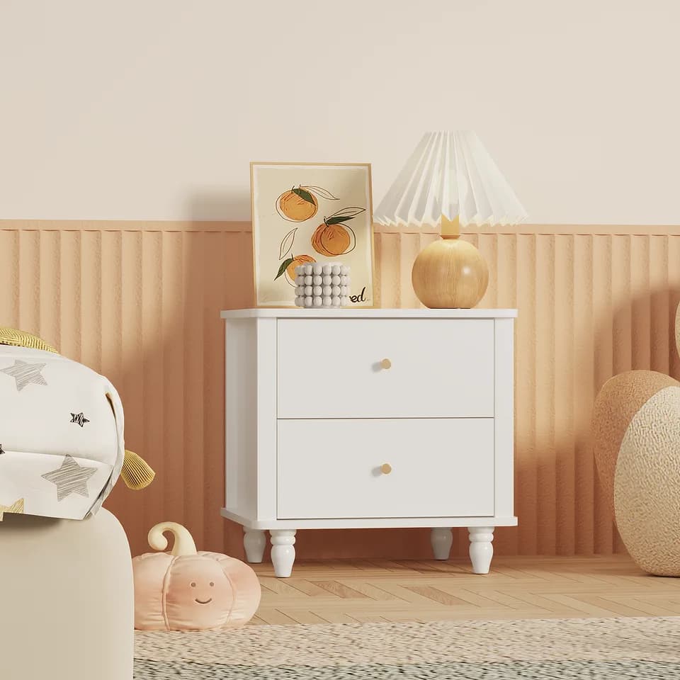 Modern 2-Drawer Nightstand, MDF Wooden Bedside Table with Round Knobs, Small Bedside Cabinet End Table for Bedroom, Living Room, Kids Room, White