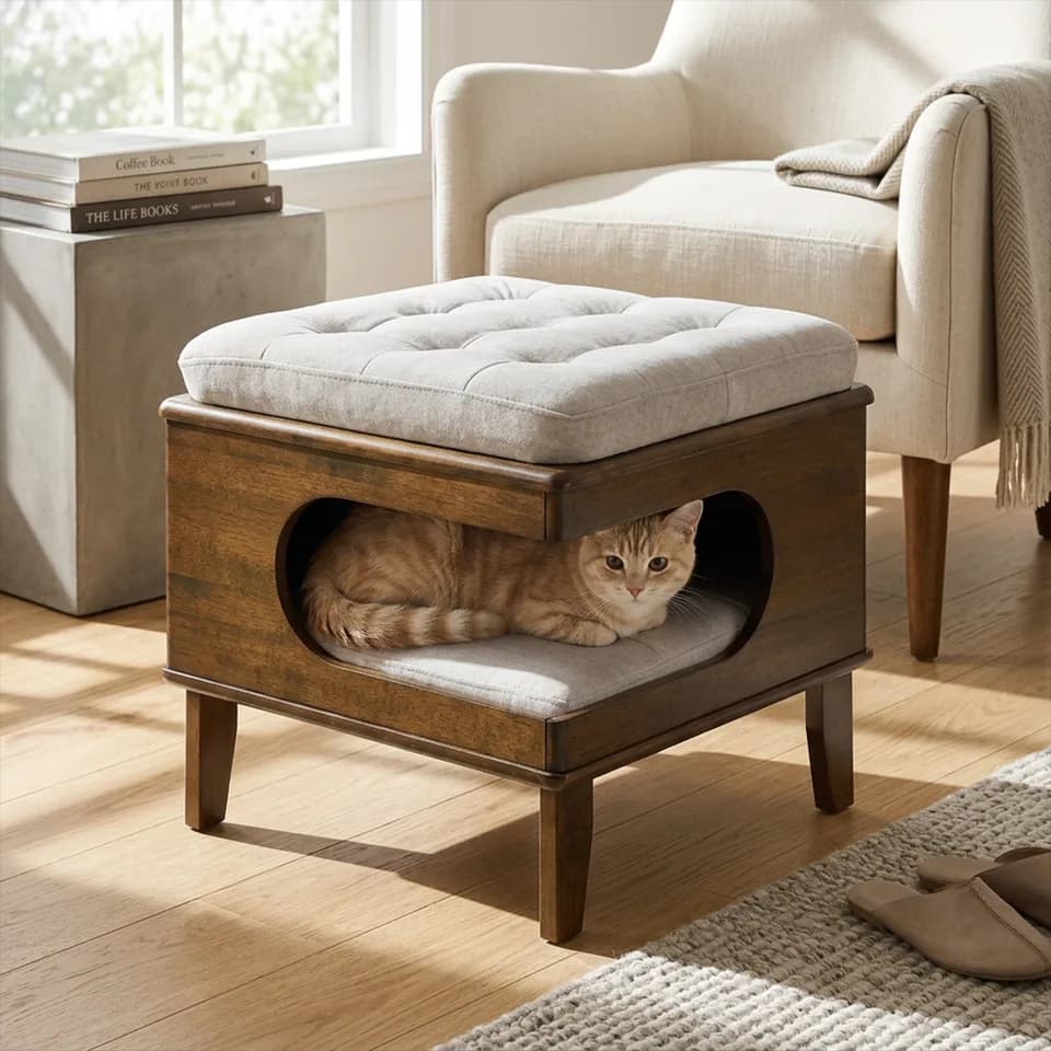 Letitia Rubber Wood Cat Bed Ottoman, 2-in-1 Tufted Pet Ottoman with Cat Cave, Multi-Functional Footstool with Cat Hideaway, Walnut Finish