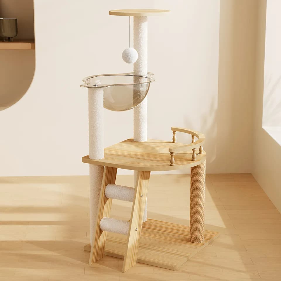 41.3" Modern Cat Tower, Wood Cat Tree Tower for Indoor Cats, Cat Treewith Sisal-Covered Scratching Posts and Top Perch, Cat Condo with Acrylic Hammock for Small Large Cats