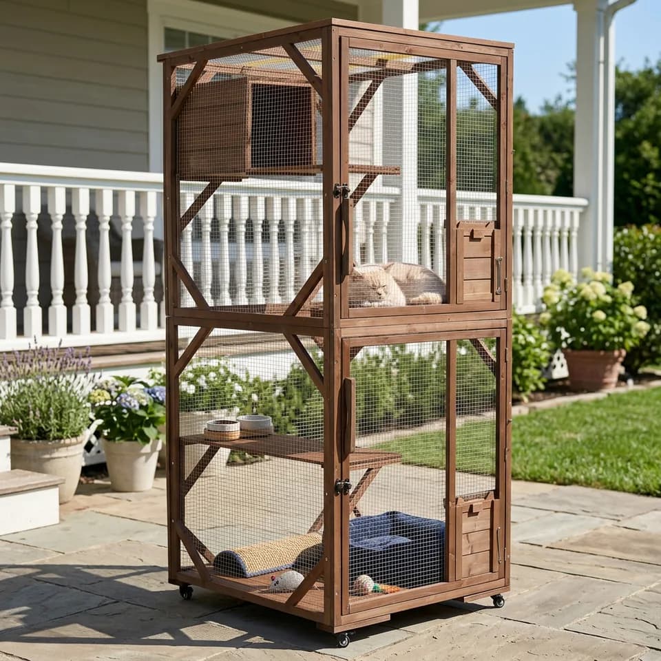 Large 2-Tier Outdoor Wooden Cat Enclosure on Lockable Wheels, Solid Fir Cat Cage with Multi-Level Platforms & Resting House, Weatherproof Cat Playpen with Predator-Proof Wire Mesh for Backyard