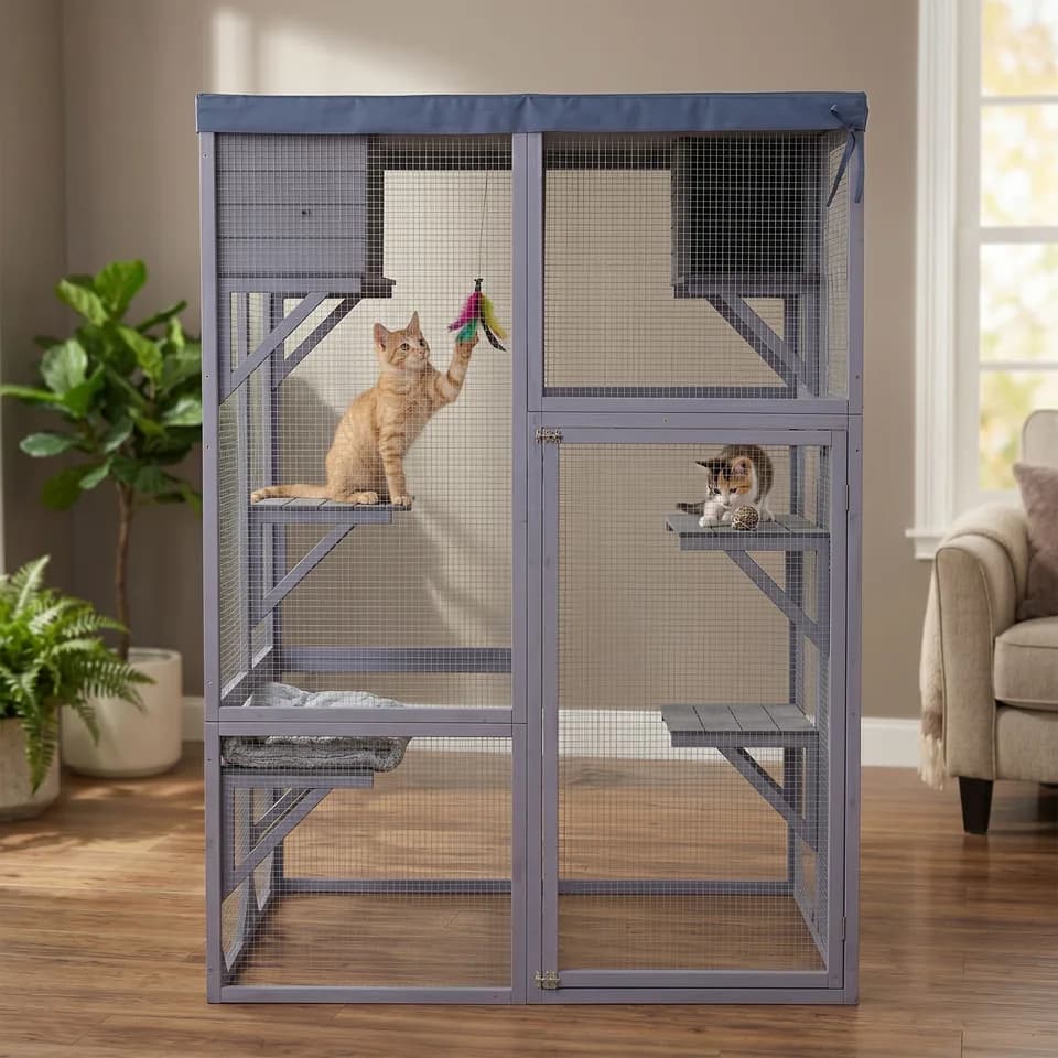 Outdoor Wooden Catio Multi-functional Cat Enclosure, 4 Platforms & 2 Napping Houses, 2 Strong Locks, Rounded Corner, Stepped design,Galvanized Wire
