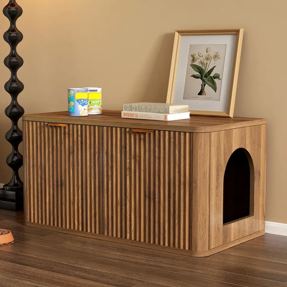 31.5" Walnut Cat Litter Box Enclosure Furniture, Large Decorative Hidden Litter Box Cabinet, Fluted Mid Century Modern Kitty End Table for Living Rooms, Bedrooms, Entryways (WALNUT)