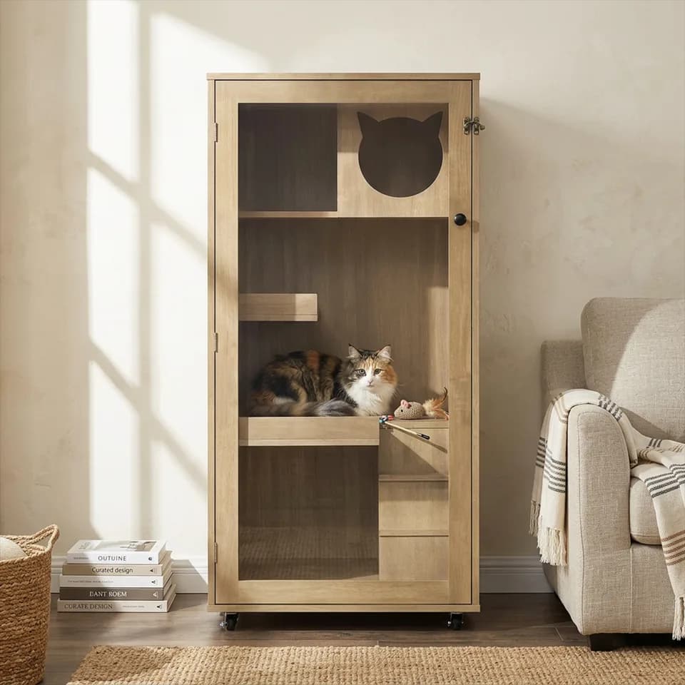 Basia Rubber Wood Cat Cabinet with Wheels, Ventilated Indoor Cat Condo with Multi-Level Shelves & Lockable Door, Safe & Spacious Cat Enclosure for Home Living, Nature Beech Finish