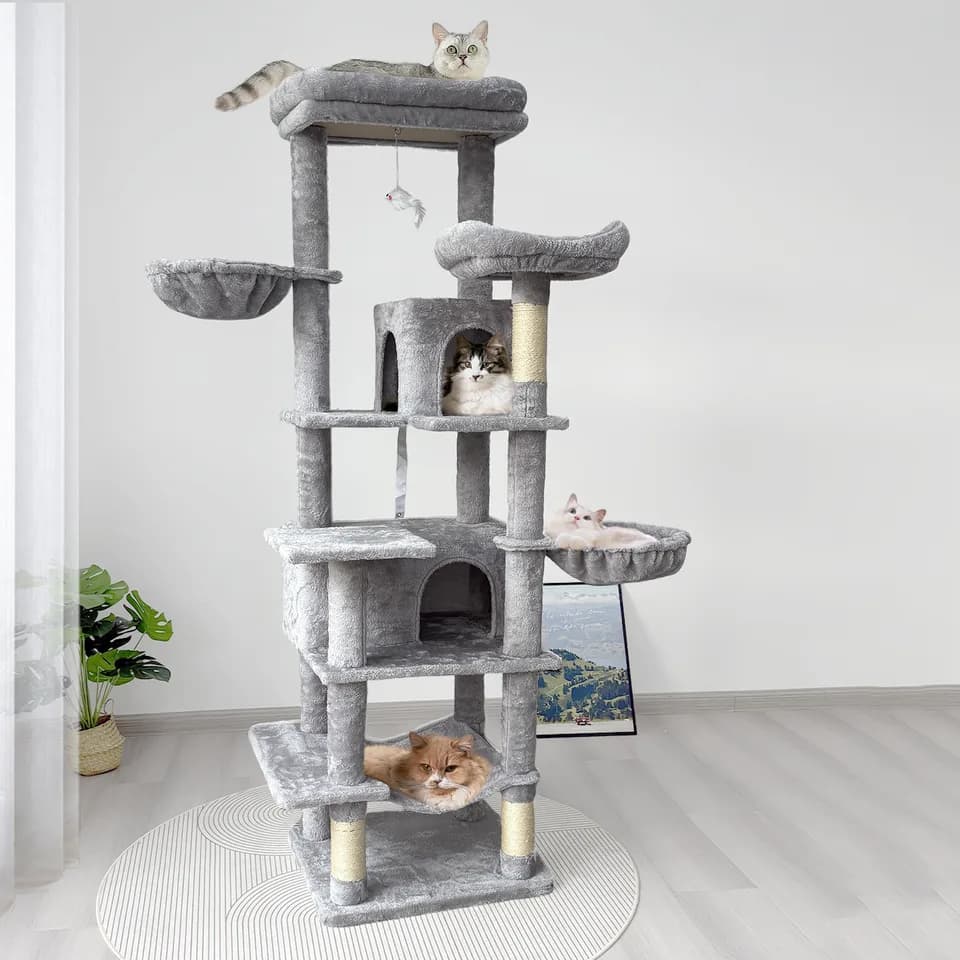 68in Tall Multi-Level Green Cat Tree with Hammocks, Hanging Basket, Cat Cave, Removeable Cushion, Scratching Posts - Plush Cat Tower for Indoor Cats, Perfect for Multiple Cats Grey