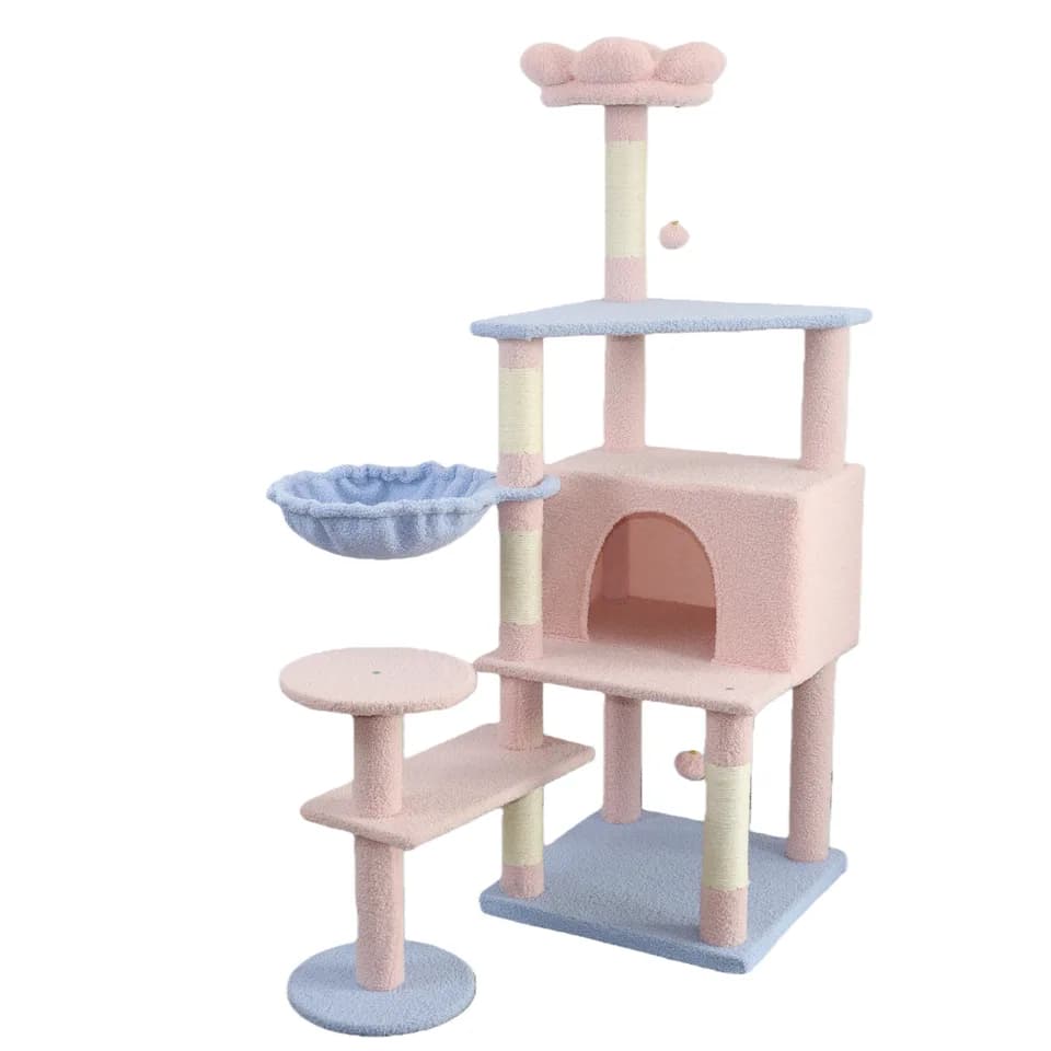 flower cat tree with large condo removable flower cushion and hammock pink