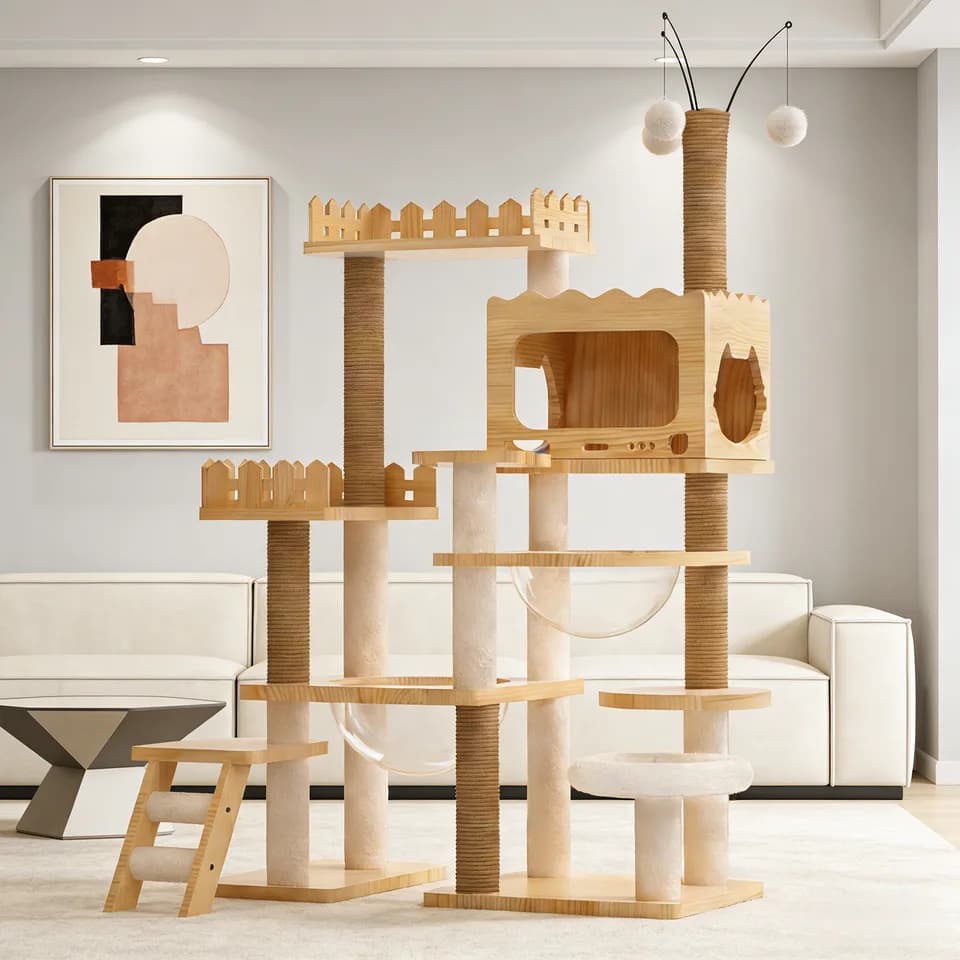 66.9" Modern Cat Tower, Wood Cat Tree Tower for Indoor Cats, Cat Treewith Sisal-Covered Scratching Posts and Top Perch, Cat Condo with Acrylic Hammock for Multi-Cat Households