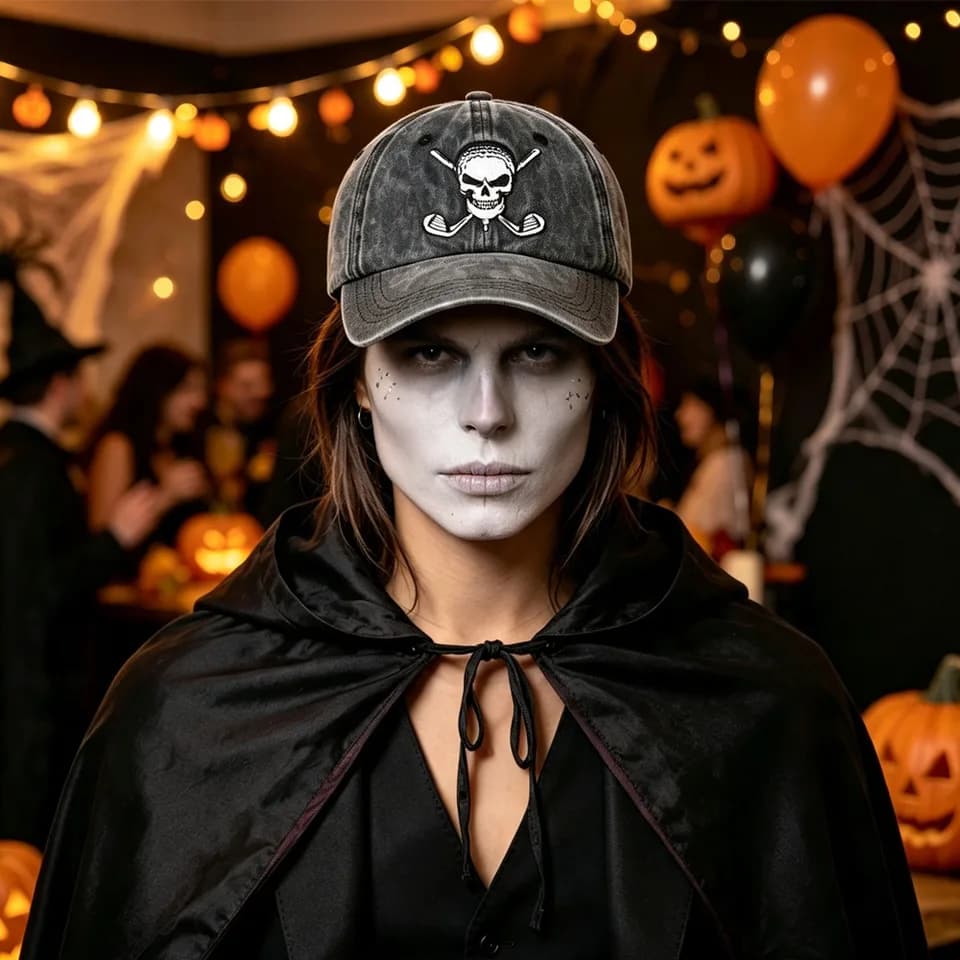 2pcs Halloween Golf Skull Baseball Cap, Vintage Washed Distressed Hat For Halloween Party Costume Accessory