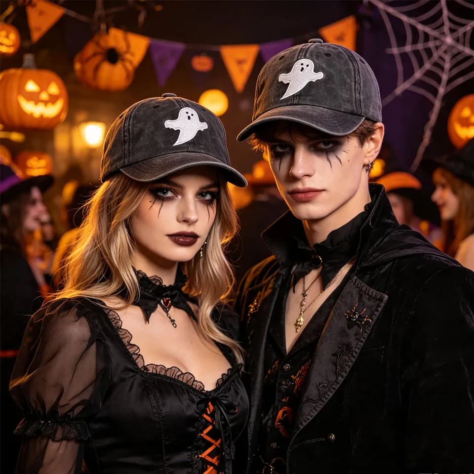 2pcs Halloween Ghost Embroidered Baseball Cap, Vintage Washed Black Hat, Spooky Halloween Party Costume Accessory For Men Women