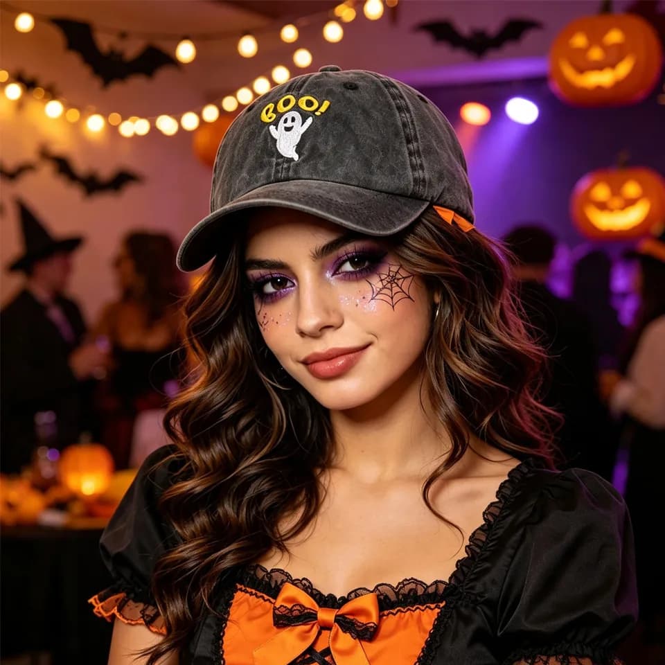 2pcs Halloween Boo Ghost Baseball Cap, Vintage Washed Cotton Hat For Men Women, Spooky Holiday Party Costume Accessory