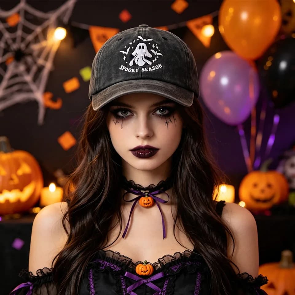2pcs Spooky Season Ghost Baseball Cap, Vintage Washed Distressed Halloween Hat For Men Women, Halloween Party Costume Accessory