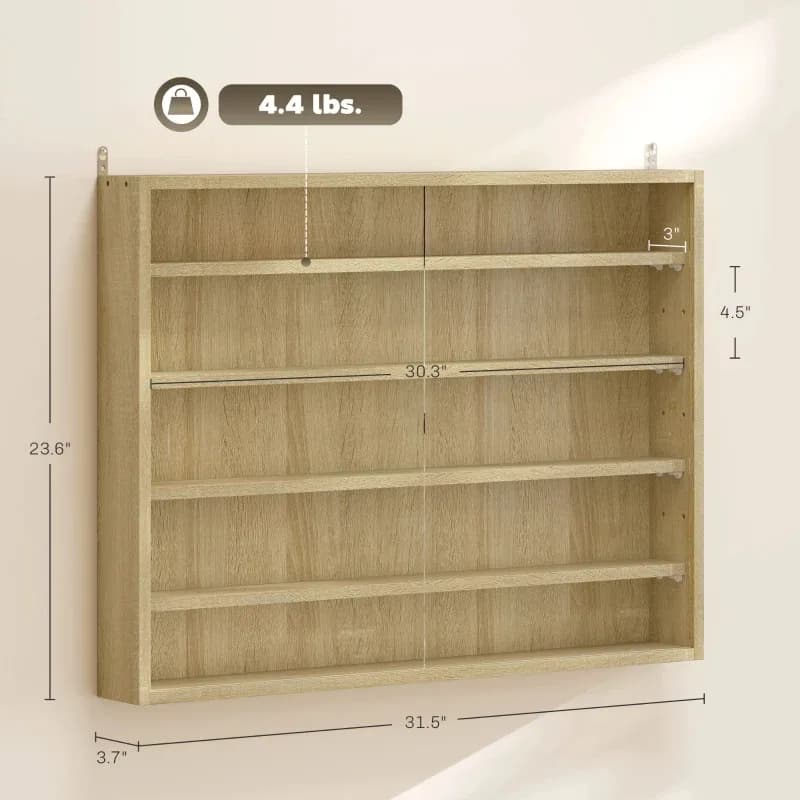 5-Tier Display Cabinet, Wall-Mounted Display Case With 2 Glass Doors And Adjustable Shelves, Oak