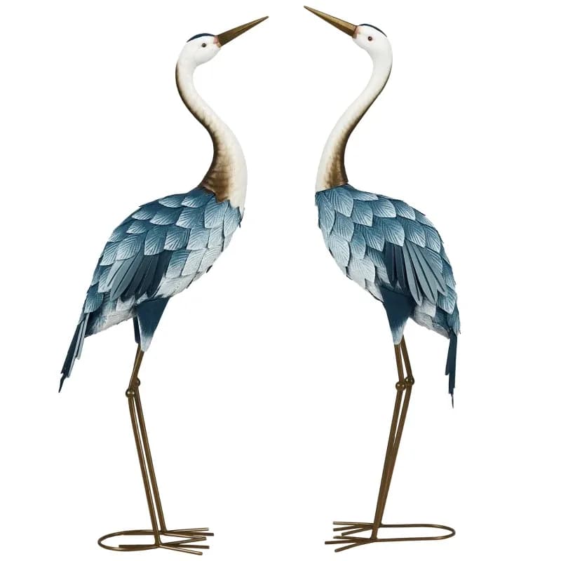 Crane Garden Statues, 28.5 29 Standing Bird Sculptures, Metal Yard Art Decor, Landscape Decoration Set Of 2, Blue