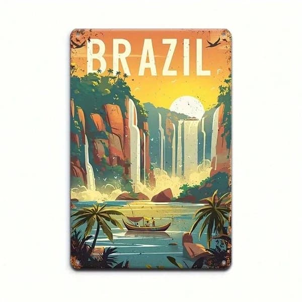 CIFbuy Vintage Iguazu Falls Metal Sign, Retro Brazilian Waterfall Wall Art With Bold BRASIL Text, 12x8 Inch Flat Travel Decor For Home TikTok, TikTok, With Self-pickup Logiopics