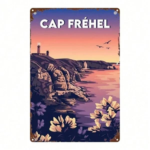 CIFbuy 1pc Vintage French Landscape Metal Sign, Cap Frehel Lighthouse Sunset 2D Flat Wall Art, Retro Decor For Home Bar Garage Club Caf TikTok, TikTok, Flat Wall Art Self-pickup Logiopics