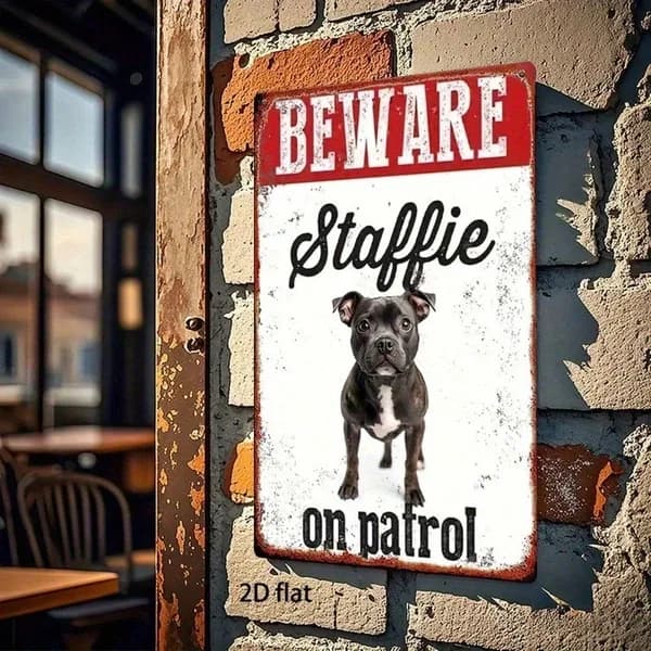 CIFbuy Vintage Metal Sign "Beware Staffie On Patrol" 8x12 Inch Rustic Farmhouse Wall Decor Humorous Warning Plaque Durable Tin Plaque F TikTok, TikTok, Ue F Self-pickup Logiopics